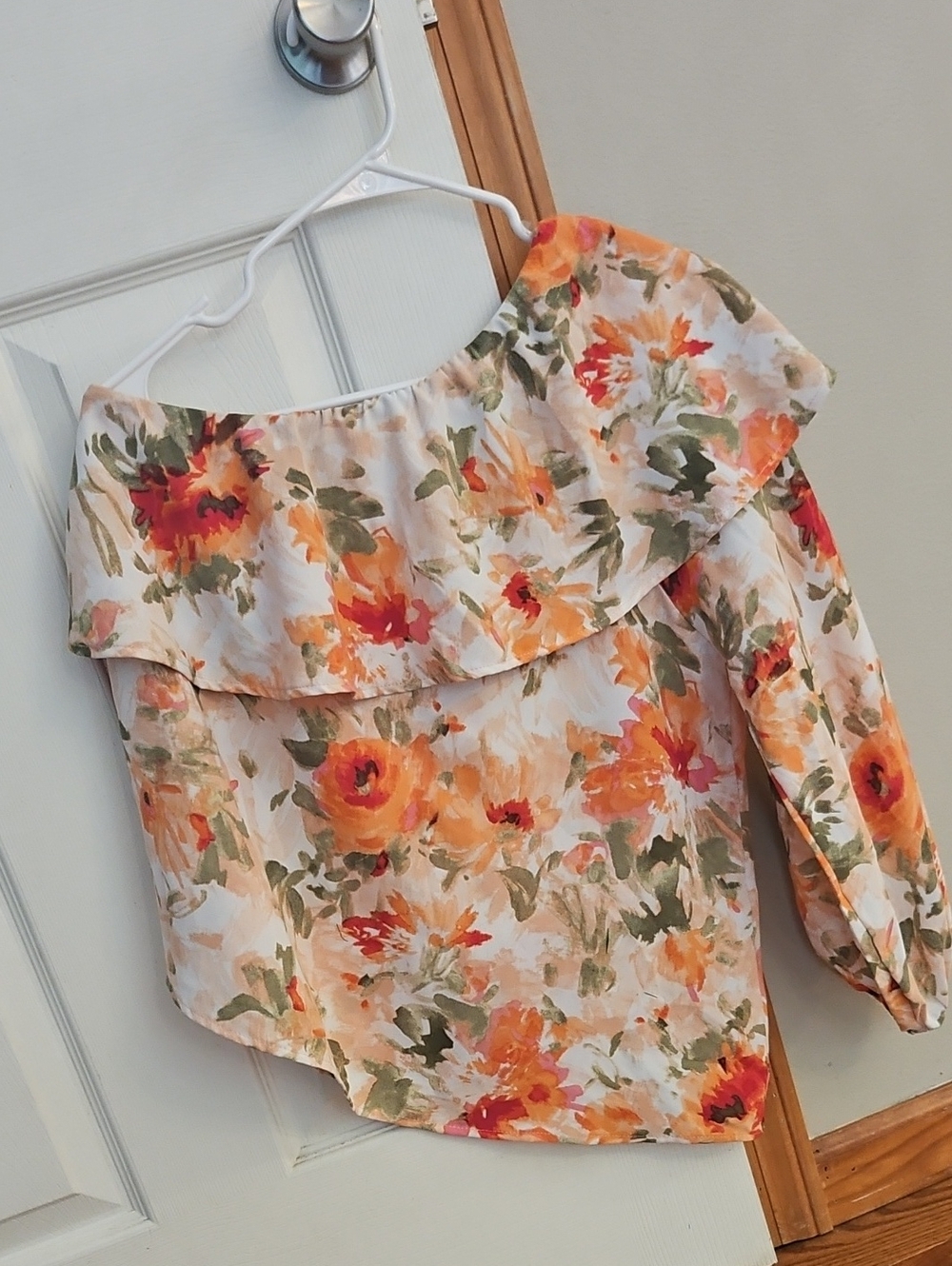Entro Floral One Sleeve Off-Shoulder Ruffle Blouse - Orange & Cream